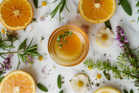 Overhead shot of golden honey in a glass jar, garnished with fresh thyme. Surrounded by cut citrus fruits, daisies, and herbs on a white surface. A visually appealing arrangement.の素材