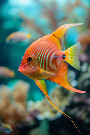 A striking orange fish swims gracefully in an aquarium. The fish boasts elongated fins, vibrant yellow hues, and unique scale patterns. Other fish and coral are visible in the background.の素材