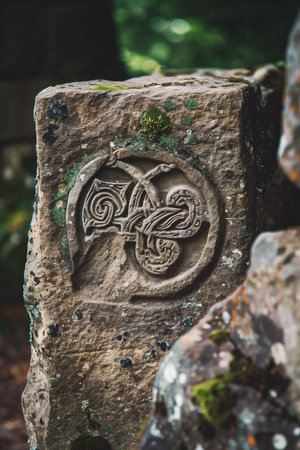 Close-up of an ancient stone with a detailed carving of an intricate circular design, weathered and moss-covered, highlighting the artistic heritage and natural elements.の素材