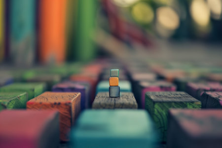 A shallow depth of field highlights three stacked, colorfully-painted wooden cubes amidst a larger array of similar blocks, creating an artistic composition and invoking notions of play and creativity.の素材