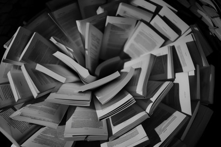 This monochrome image captures a chaotic yet artistic arrangement of open books, creating a sense of swirling movement. The contrasting light and shadows enhance the images drama.の素材