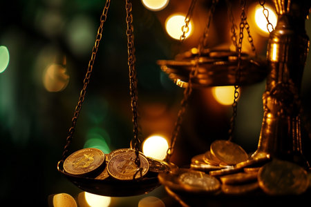 A close-up shot captures gold coins teetering on an antique scale against a backdrop of soft, diffused lights, creating an evocative atmosphere reminiscent of value, balance, and investment.の素材
