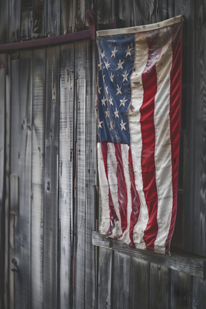 A photograph showcasing a weathered flag hanging on a textured wooden wall. The setting evokes a sense of history and patriotism, with the aged flag symbolizing resilience. The wooden backdrop adds to the vintage, rustic atmosphere.の素材