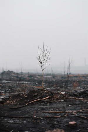A young tree stands in a desolate environment, with dark soil and sparse vegetation in a foggy, overcast landscape. It represents resilience, hope, and the tenacity of life in harsh conditions.の素材