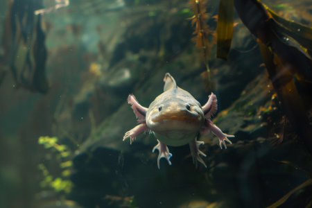 An aquatic amphibian swims directly toward the camera in a naturalistic aquarium setting. The amphibian is a grayish color and has external gills and small, delicate limbs with tiny webbed feet.の素材