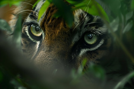 Through foliage, a tigers intense stare dominates. The vibrant green leaves frame its face, accentuating its captivating eyes. The image captures the animals predatory nature and jungle habitat.の素材
