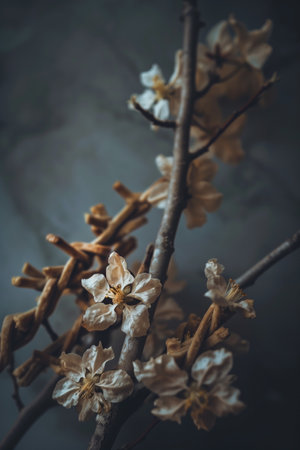 A close-up shot features a delicate branch adorned with pale blossoms. The blooms exhibit a subtle range of tones, while the dark background enhances the overall mood of the image.の素材
