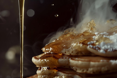 A close-up captures syrup drizzling onto a pancake stack dusted with powdered sugar. Steam rises from the hot breakfast against a dark backdrop, highlighting the tempting food photography.の素材