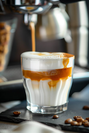 A close-up shot showcases espresso being added to a glass of milk and foam. Coffee beans are scattered around the base of the glass, resting on a dark stone surface.の素材