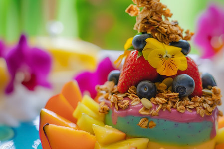 A vibrant smoothie bowl featuring layers of rainbow-colored smoothie, topped with fresh strawberries, blueberries, edible flowers, and granola. Sliced mango adorns the side, set against a backdrop of orchids.の素材