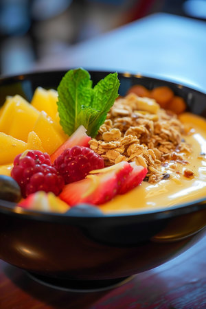 A vibrant and healthy fruit bowl features a creamy yogurt base, topped with crunchy granola, fresh raspberries, sliced strawberries, diced mango, and garnished with a sprig of fresh mint.の素材