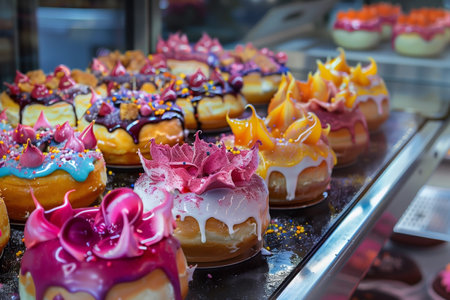 A display of gourmet donuts in a bakery case, showcasing a variety of vibrant glazes, intricate toppings, and unique designs. The assortment of colors and textures creates a visually appealing temptation.の素材