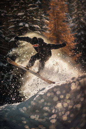 A skier is captured mid-air performing a trick, with arms outstretched for balance. Snow sprays around him as he launches from a snowy mound. The background shows a blurred forest.の素材