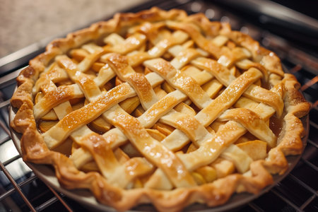Close-up shot of a freshly baked apple pie with a golden brown lattice crust sitting on an oven rack. The pie has a beautifully crimped edge and is filled with juicy baked apples. The setting suggests its ready to serve.の素材