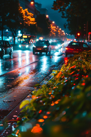 This image captures a rainy city street at night. Car headlights and streetlights reflect off the wet pavement creating a shimmering effect. Plants near the curb add a natural element.の素材