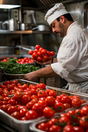 Chef arranging fresh tomatoes in the kitchen. High quality photoの素材