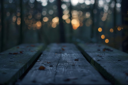 A weathered wooden picnic table stands as the foreground subject, lightly strewn with fallen leaves. The backdrop is a blurred woodland scene, accentuated with gentle, glowing spots of light.の素材