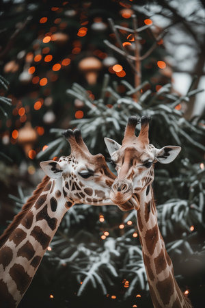 Two giraffes nuzzle each other affectionately. Their patterned hides stand out against the blurred backdrop, adorned with festive lights, hinting at a celebration. The scene is tender and serene.の素材