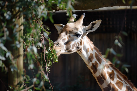 In a serene enclosure, a giraffe gracefully feasts on verdant leaves. Its spotted neck and gentle face stand out against the deep green foliage, creating a captivating scene of wildlife.の素材