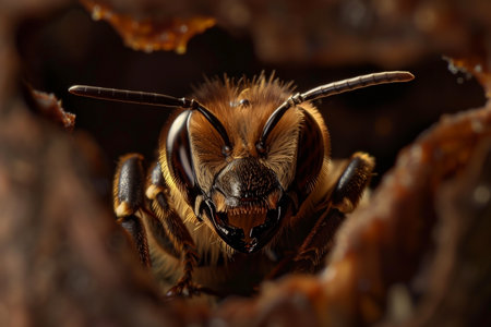 A macro photo showcases a honeybee, capturing its intricate facial features. The detailed image reveals the textures of the bees fur and the dark backdrop adds contrast to the vibrant honeybee.の素材