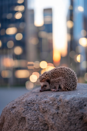A hedgehog is resting on a rock with blurred city lights in the background. The juxtaposition of wildlife and the urban environment creates an interesting visual contrast. The bokeh enhances the photo.の素材