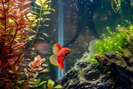 Captured in a tranquil freshwater aquarium, a bright red fish gracefully swims alongside vivid green plants, showcasing the beauty of underwater life with its stunning colors.の素材