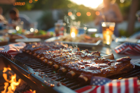 Outdoor shot of smoked ribs cooking on a grill with friends and family gathering in the background during an independence day celebration. A party is taking place in the backyard.の素材