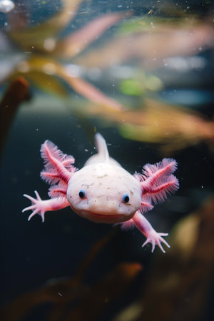 A front-facing view of a curious, light-skinned axolotl swimming in an aquarium. The amphibians frilled pink gills are prominent, and its charming face gazes forward with gentle eyes.の素材