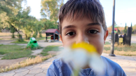 This image captures a close-up of a boy holding a daffodil, with a blurred background showing trees and a building, suggesting a natural outdoor setting, evoking a sense of youthful curiosity.の写真素材