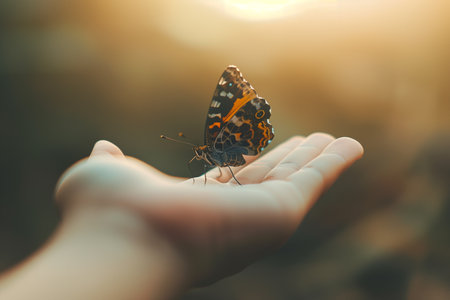A striking butterfly with intricate wing patterns is perched on a persons open hand, bathed in warm, diffused sunlight. The serene setting emphasizes the beauty of nature and human connection.の素材
