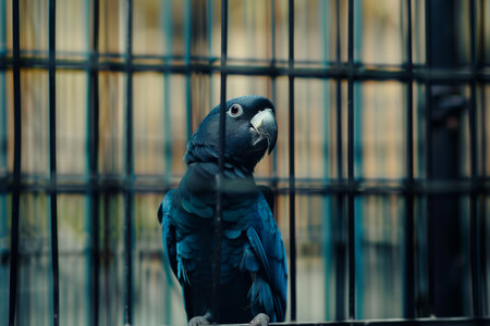 A vivid parrot with deep blue plumage sits perched behind a cage. The contrast between the birds lively color and the stark confinement creates a compelling and thought-provoking image.の素材