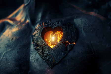 An abstract image presents a dark stone heart with fissures of orange light revealing a glowing lock within, symbolizing concealed emotions, intimacy and guarded affection, set in mysterious ambiance.の素材