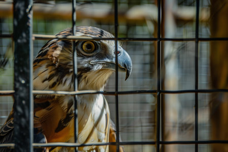 A detailed portrait captures a bird of prey, caged and observed closely. Its piercing gaze is caught behind bars that create a sense of entrapment within the surrounding.の素材