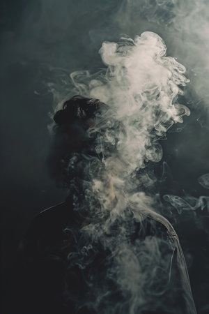 A person shrouded in thick smoke creates a captivating image, full of mystery. The dark ambiance enhances the ethereal quality of the smoke, which swirls and obscures the face, adding drama to the composition.の素材