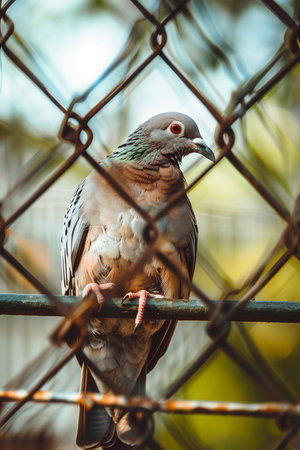 In an outdoor setting, a bird with muted brown and grey plumage perches on a metal rod, viewed through a wire fence. Its red eyes and delicate feet are visible, and it is peaceful.の素材