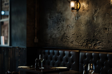 A dimly lit restaurant scene features a dark wooden table set with silverware, a glass, and a pepper grinder, set against a textured wall and a tufted leather booth. A warm light fixture adds to the ambiance.の素材