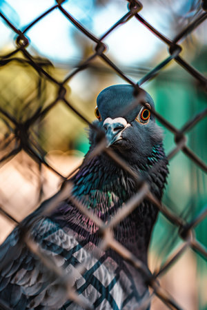 A focused portrait captures a pigeon behind a metal fence, its iridescent blue feathers gleaming with hints of green. The birds intense gaze meets the viewers eye in a blurred outdoor setting.の素材