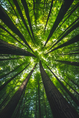 looking up in the green forest towards sunlight in spring. High quality photoの素材