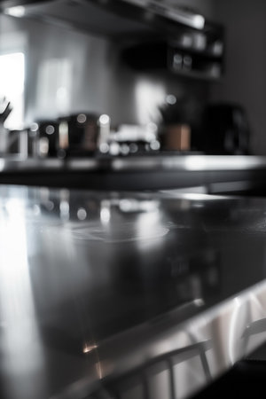 A minimalist, monochrome kitchen scene focuses on a smooth, reflective countertop. Blurred elements of appliances, lighting, and neutral tones evoke a clean, modern space.の素材