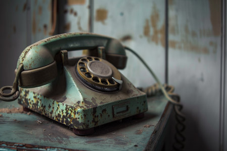 A close-up captures the essence of a weathered, old rotary dial telephone, its teal and gold hues faded and speckled with rust. The setting evokes nostalgia with its aged wooden backdrop.の素材