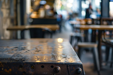 Captured in a restaurant, a worn metal table displays textures, with chairs & tables in the background. The ambiance blends an industrial touch with an inviting dining experience.の素材