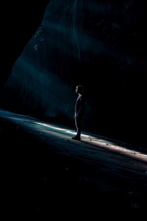 A solitary figure is standing within a vast, dark cave, illuminated by a single ray of light. The contrast between light and shadow creates a sense of mystery and isolation.の素材