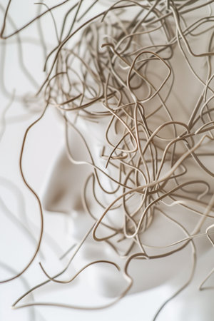 A close-up, artistic view focuses on an intricate arrangement of brown wiring, seemingly suspended above a white bust. Soft lighting enhances the minimalist aesthetic, creating a serene, abstract image.の素材