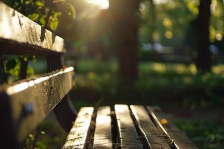 A close-up of an old wooden park bench bathed in golden sunlight. The scene is peaceful, with soft focus in the background creating a relaxing and serene atmosphere in nature.の素材