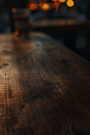 Close-up view of a dark stained wood surface showcasing the texture and grain. Blurred bokeh lights provide warm background, creating a sense of depth and highlighting.の素材