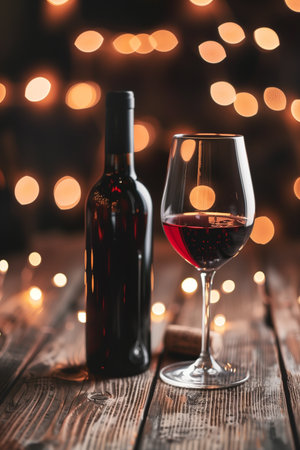 A wine bottle sits beside a filled glass on a rustic wooden table. Soft, blurred lights create a warm atmosphere in the background, enhancing the settings overall elegance.の素材