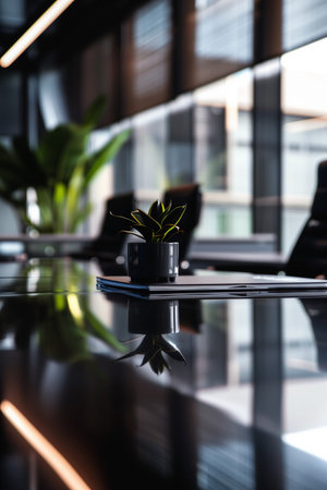 A small snake plant in a dark pot sits atop a black notebook or document on a glossy table. The table reflects the plant and surrounding office space, blurred window background.の素材