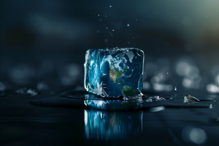 An earth-shaped ice cube on a dark, wet surface evokes climate change. The melting ice symbolizes global warming and the planets fragility in the face of environmental issues.の素材