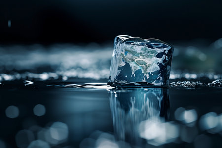 An ice cube with the Earths image inside rests on a reflective surface, gradually melting. The poignant scene conveys the fragility of our planet and the urgent need for climate action.の素材