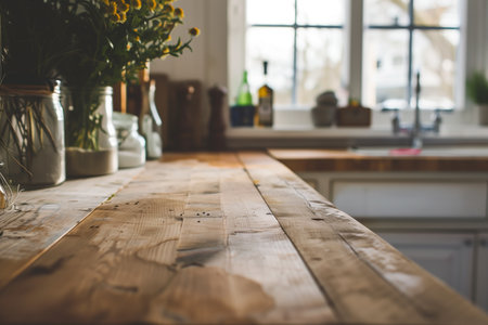 A bright, warm kitchen is presented with a rustic wooden countertop taking center stage. It is adorned with glass jars and yellow flowers, complemented by an airy background and natural light.の素材